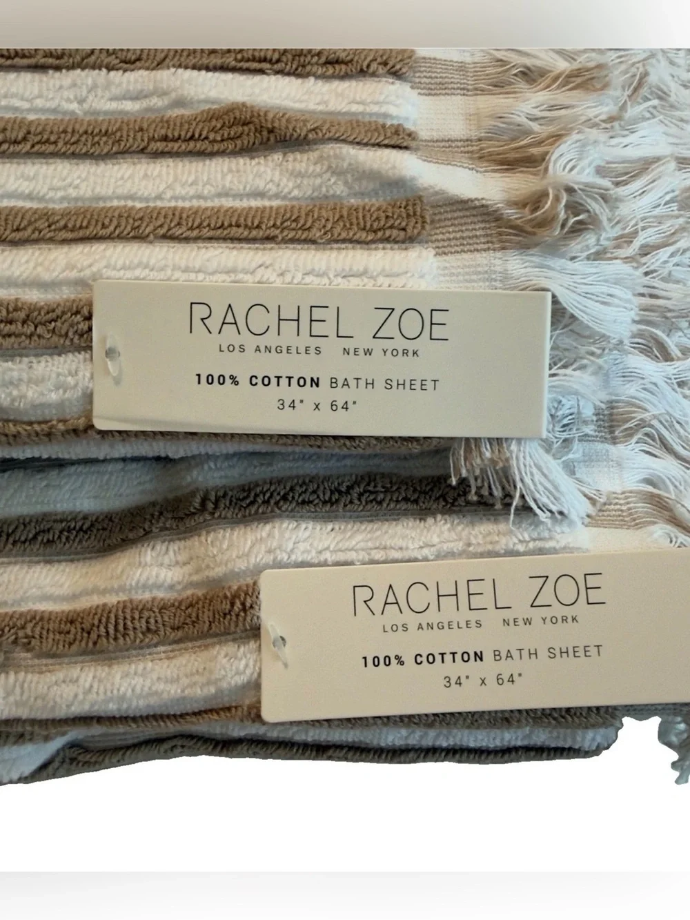 2 Rachel Zoe Bath Sheet Set 34” x 64” Tan White Striped Fringe Cotton Towels 2